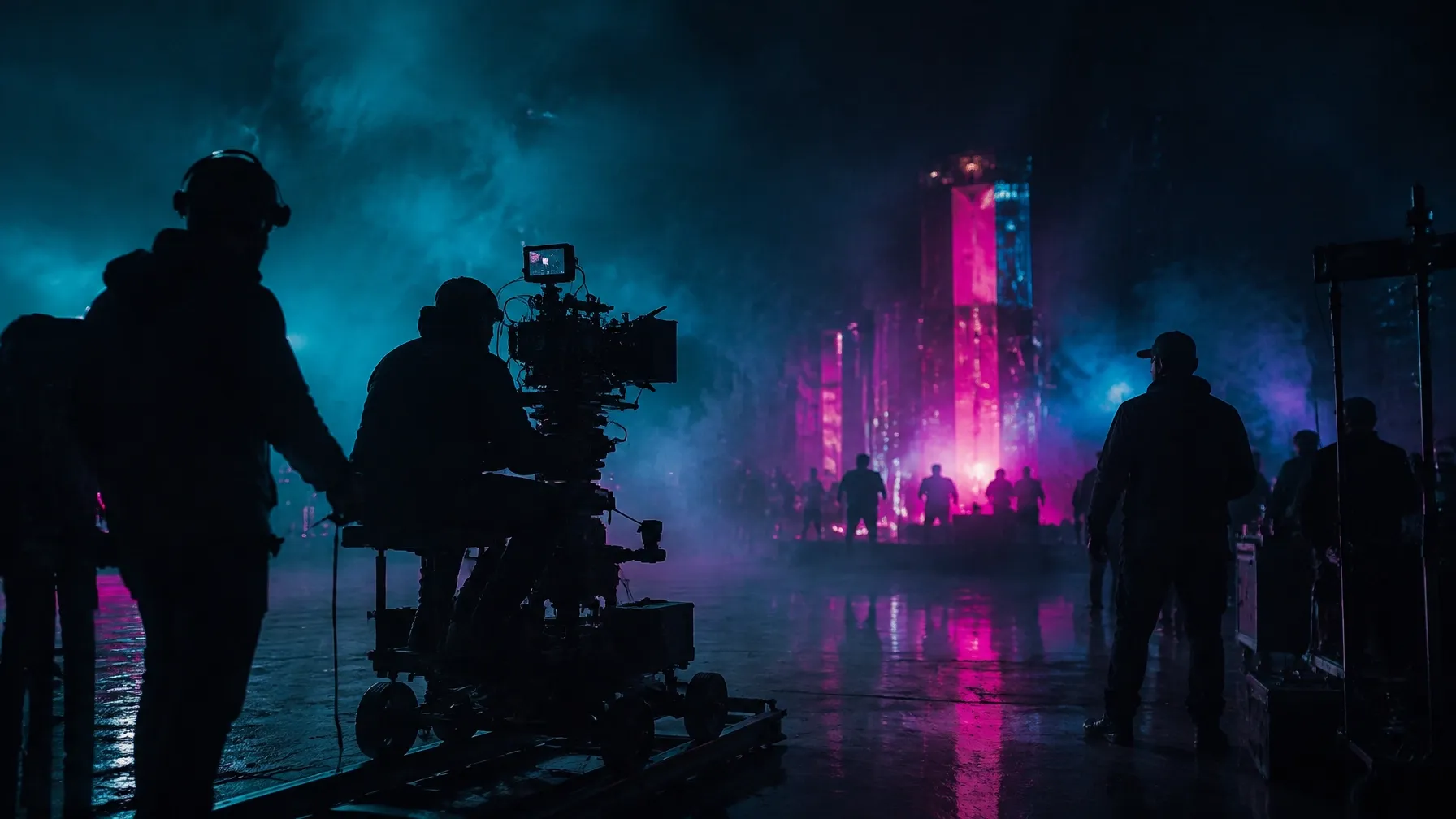 Film production crew working on a dramatic nighttime set